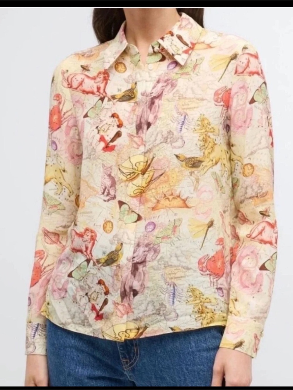 Alice + Olivia Willa Zodiac-Print 100% Silk Button-Front Blouse – Size Small